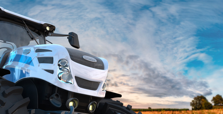 Agricultural machinery in front of a field with the TTControl Logo